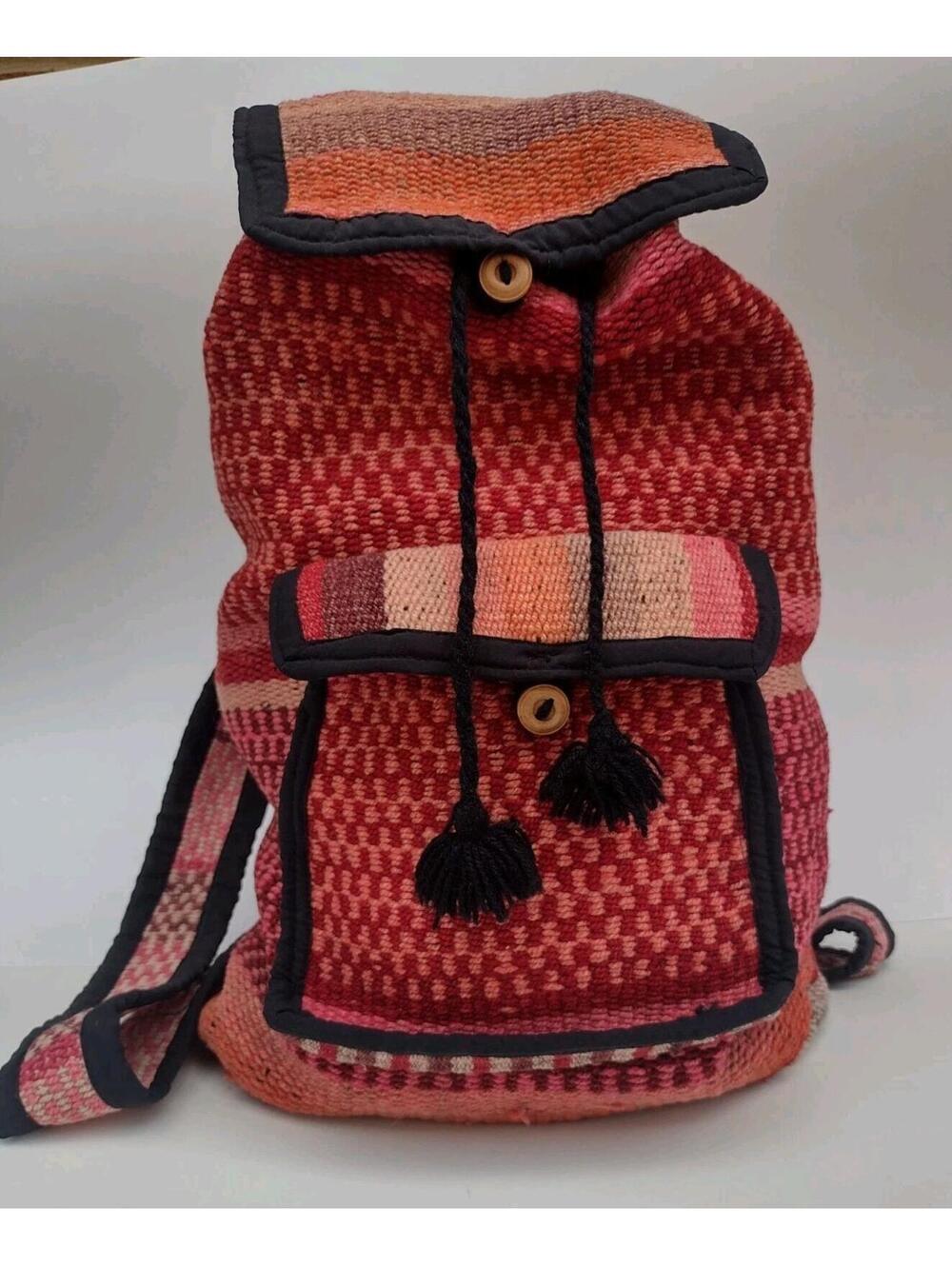 Vintage Handwoven Boho Backpack Wool Tassel Artisan Festival